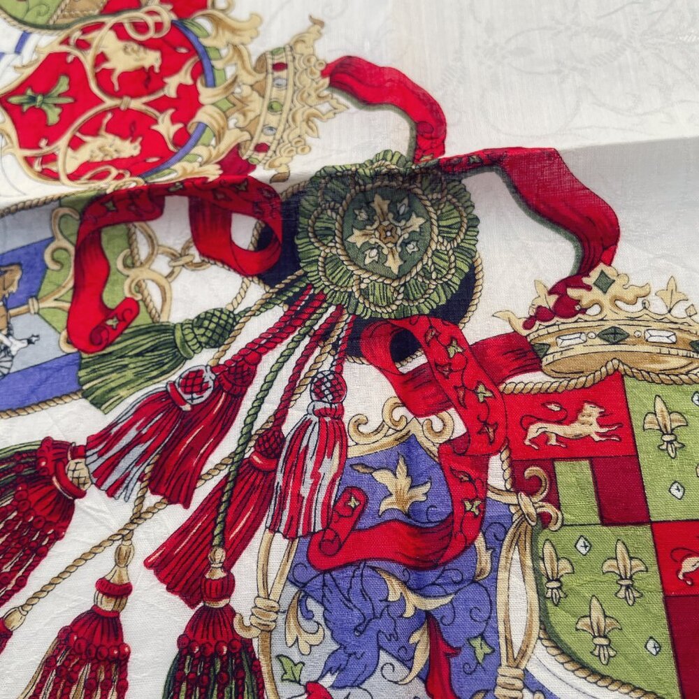 CELINE Paris Vintage Cotton Scarf Heraldic Crest Tassel Equestrian 20” Square - Picture 4 of 14
